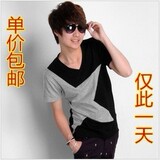 包邮！2012夏装新款男装 纯棉韩版修身大星拼色V领男士短袖T恤