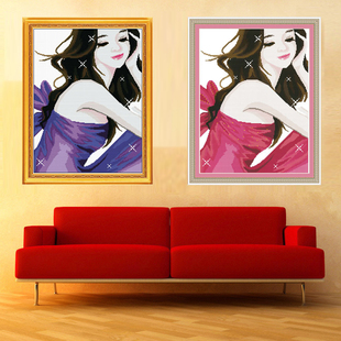 紫韵美女十字绣印花爱心，紫玫瑰人物大幅客厅，十字绣画系列