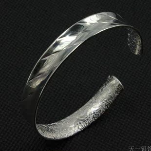  99足银 女款手镯 斜条纹光波 百福千足 开口银镯子 饰品 正品新款