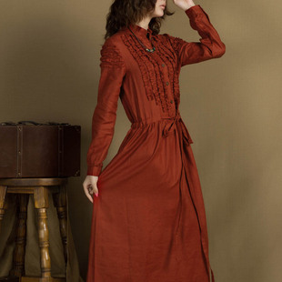 衣庄可人原创设计砖红色气质抽绳连衣裙花满巷