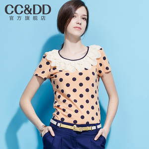 CCDD正品2014夏装新款女装甜美学院风撞色波点纯棉短袖T恤