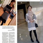 K345韩国女装2023条纹控棉质中袖针织秋冬女连衣裙打底裙