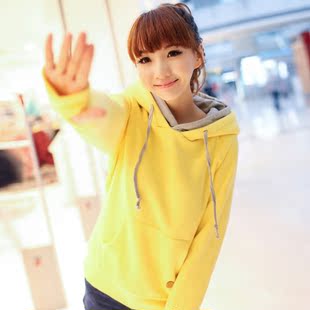  秋装新品韩版糖果色双层带帽露指长袖口套头加厚抓绒卫衣女士