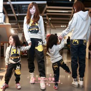  新款春装男女儿童中性河马鸭子图案套装亲子装母子装母女装