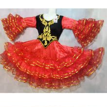 新疆舞蹈服儿童舞蹈服饰演出服民族舞蹈服装大红色维吾尔族服连体