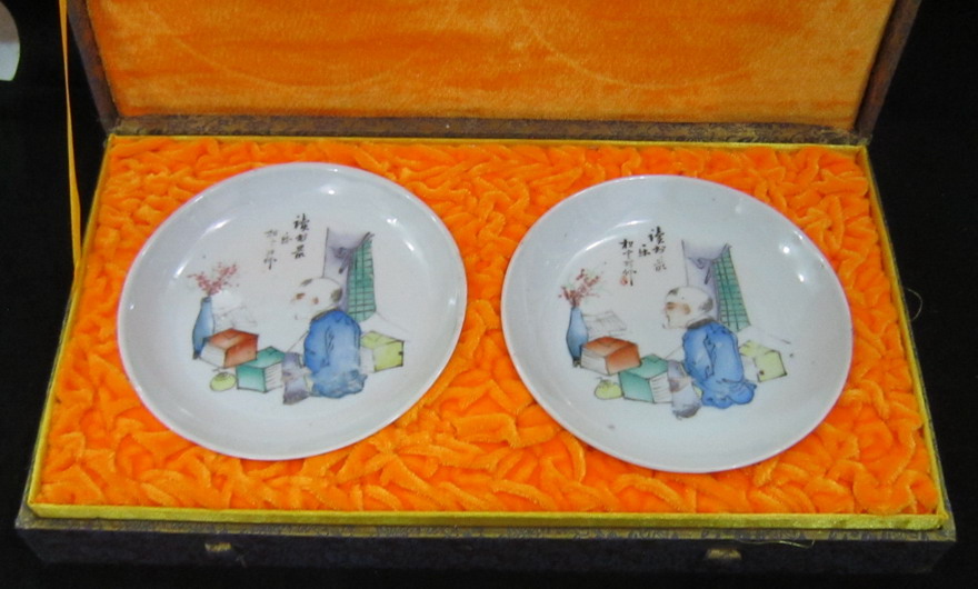 民国瓷器 松云轩号浅降彩人物纹 全品碗一对 古