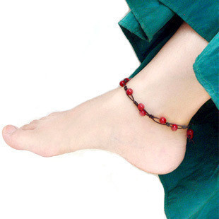  婧茹 正品包邮 韩版红玛瑙水晶 时尚脚链 红绳 本命年必备 女