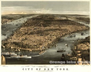 装饰画 1856年 古纽约市地图 城区鸟瞰图 全景