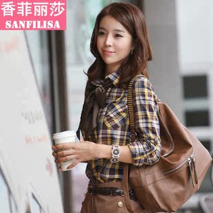  春装新款韩版大码女装打底衫女长袖休闲衬衫女修身格子衬衣女