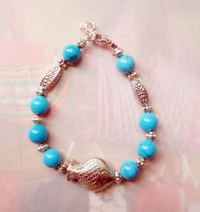  云南民族风饰品批发 藏银绿松石手链 苗银 胖鱼绿松石手链SL090