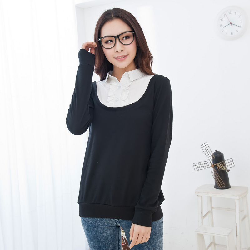 显瘦木耳边衬衫领针织...