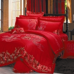  特价家纺全棉大红结婚庆床品刺绣六件套龙凤呈祥套件床上用品包邮