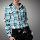 春装新品2012 OL办公通勤 女装 休闲百搭绿白格子长袖女衬衫 5056