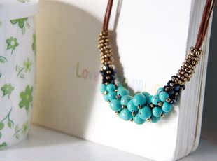  民族饰品批发 波西米亚风 石榴红水晶珊瑚珠 蓝绿松石项链 C-089