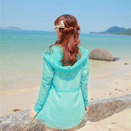 2014夏新款蕾丝镂空防晒衣女长袖系带中长款