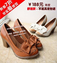 真皮羊皮包邮～2012春新款粗跟高跟鞋 女鞋单鞋子 厚底蝴蝶结浅口