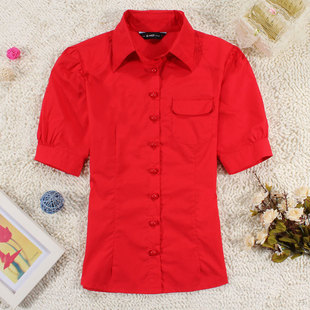 夏装红色衬衫 中国红女衬衫 纯棉短袖女衬衫职