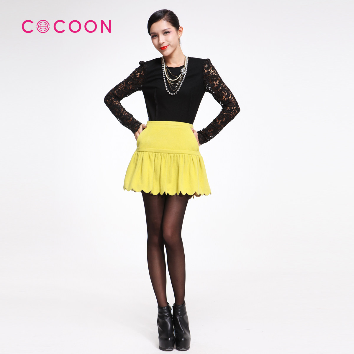 COCOON可可尼2012新品甜美羊绒荷叶边百搭半身短裙714209005