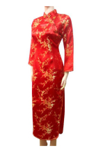 中华唐装专业礼仪红色长袖旗袍-梅花长旗袍-新娘旗袍礼服-现货