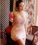 韓版釘珠玫瑰花平口連衣裙小禮服 夜店洋裝 禮服晚裝 抹胸夜店裝