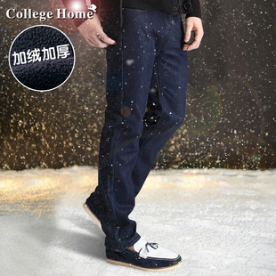  College Home加绒牛仔裤 男加厚牛仔裤男裤子直筒韩版大码潮长裤