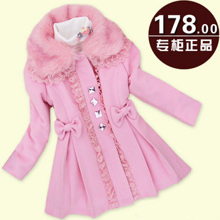 2012冬装新款韩版夹棉加厚女童呢子大衣儿童外套毛领正品童装冬季