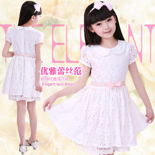 2014韩版夏女装纯棉童装中大童女童短袖蕾丝