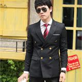 【2011韩版新款】时尚休闲双排黄金扣黑色男士修身西服套装+领带