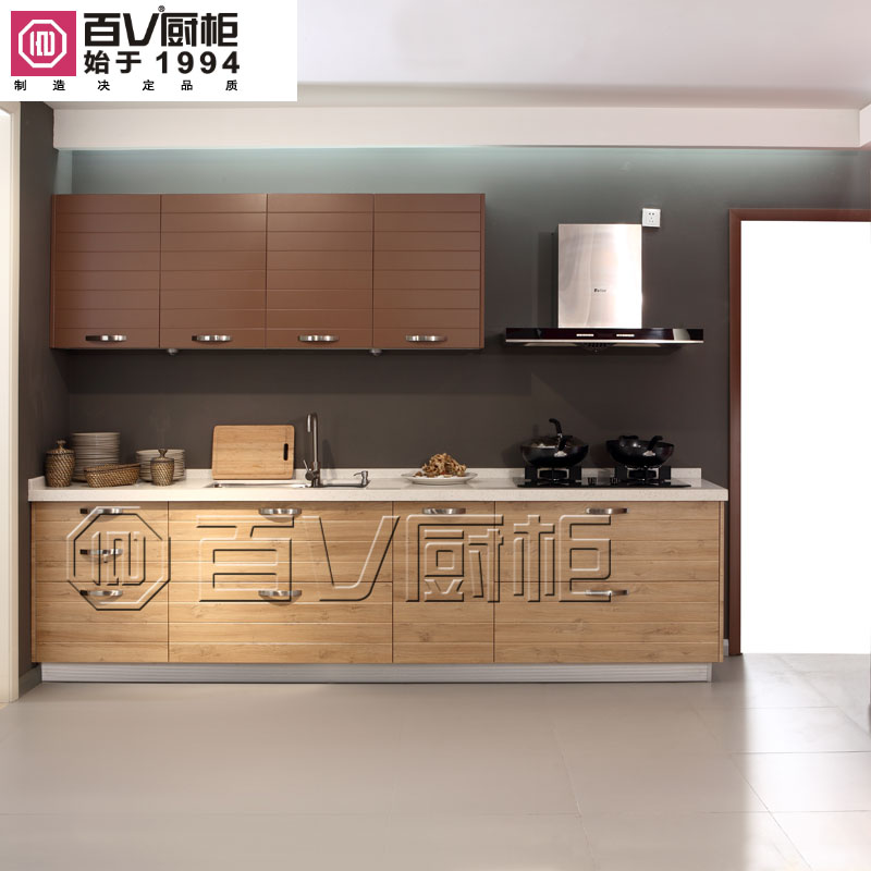 百V厨柜成都 现代风格厨房橱柜 一字型模压整体橱柜定做定制