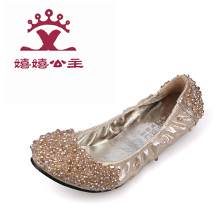  韩国公主新款水钻水晶串珠平跟女单鞋大小码瓢鞋新娘结婚鞋子