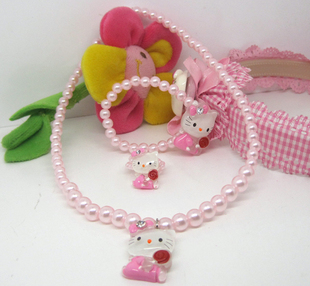  HELLO KITTY 卡通项儿童珍珠项链 戒指手链项链三件套 大红棒棒糖