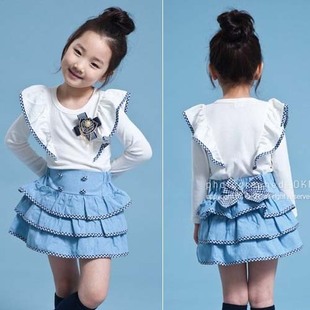  儿童服装女 春秋宝宝两件套装 荷叶边T恤+蛋糕裙公主裙子90-130