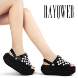 淘金币 BAYQWEB百葵正品 真皮摇摇鞋厚底鞋松糕鞋松糕凉鞋11558