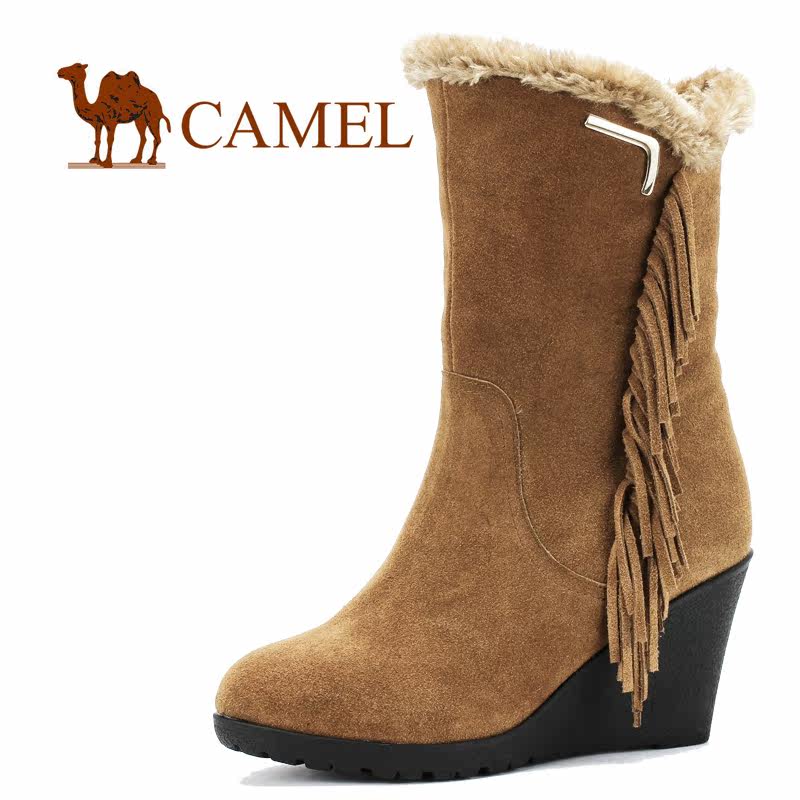 CAMEL骆驼正品女靴子 坡跟真皮流苏中筒雪地靴磨砂皮套筒女靴清仓