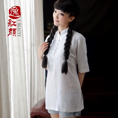 上海印象 若黛  中国风绣花棉麻秋季中袖衬衫 民族风中式女装上衣