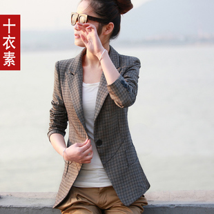  十衣素新款韩版修身格子小西装外套爆款春秋一粒扣女装西服女