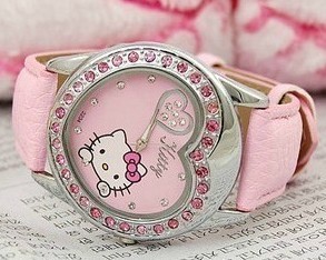 包邮特价KT猫儿童手表男孩女孩可爱 卡通时尚心形镶钻手表 学生表