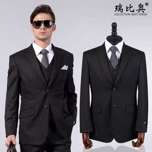  正品男士西服套装二扣免烫秋冬修身三件套西装商务正装黑色条纹