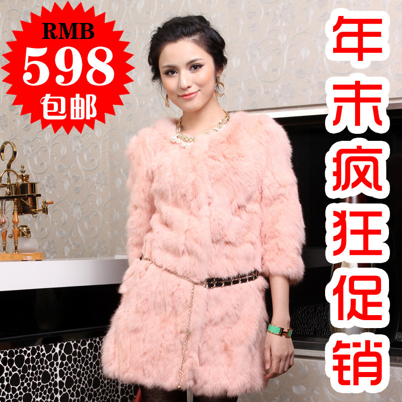 特价清仓2011冬装新款海宁獭兔兔毛皮草七分袖中长款腰带女装外套
