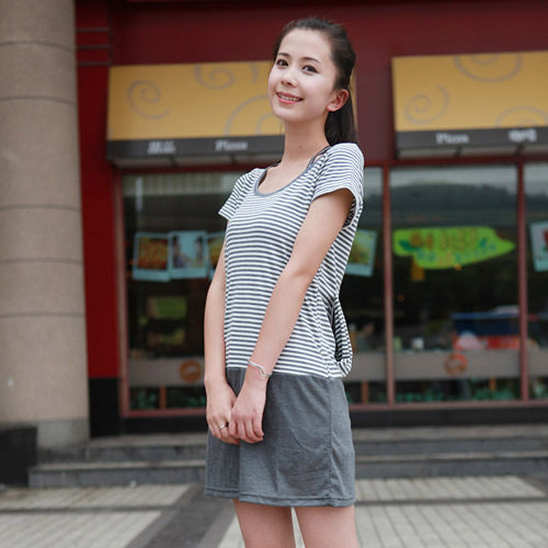 【靓点<span class=H>女装</span>】2010韩国爆款 条纹美裙/灰白条纹