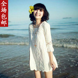 2012春装新款 韩版女装蕾丝圆领中袖淑女勾花 打底 连衣裙 夏季