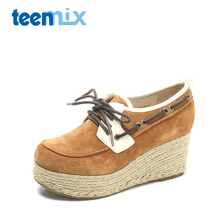  teenmix/天美意 牛皮6BT20D女单鞋秋季正品绒面坡跟撞色休闲