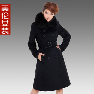  秋冬装新款欧美双排扣毛领修身羊毛大衣加厚中长款呢子外套女