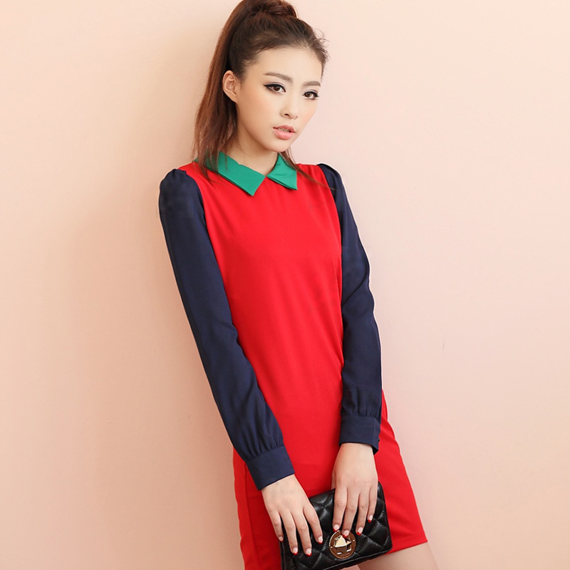 韩版时尚撞色连衣裙...