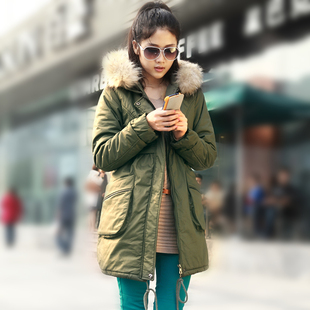  秋冬新款韩版冬装外套大毛领军绿色加厚棉服中长棉衣女棉袄