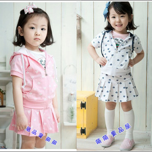  清仓夏装新款1-5岁女童装 纯棉开衫短袖外套短裙套装 儿童学院风