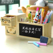 【sisi shop】皇冠韩版双层木制抽屉笔筒 小黑板 留言板