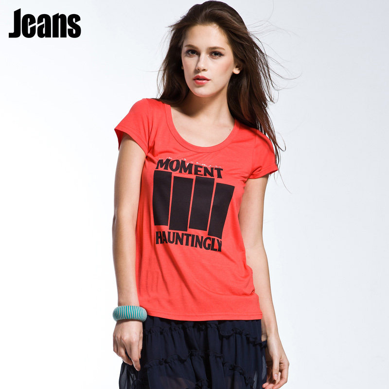 2012正品夏装新款太平鸟女装 <span class=H>JEANS</span>系列贴亮片短袖T恤AM1220694