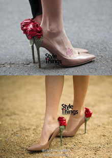  华伦天奴新款欧美四季单鞋女鞋angelababy玫瑰花朵高跟鞋婚鞋尖头