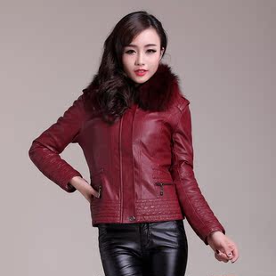  冬新款真毛领pu皮衣女士短款修身加棉皮衣棉衣夹克外套大码女